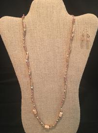 Peach leather and crystal bead necklace with earrrings 202//274